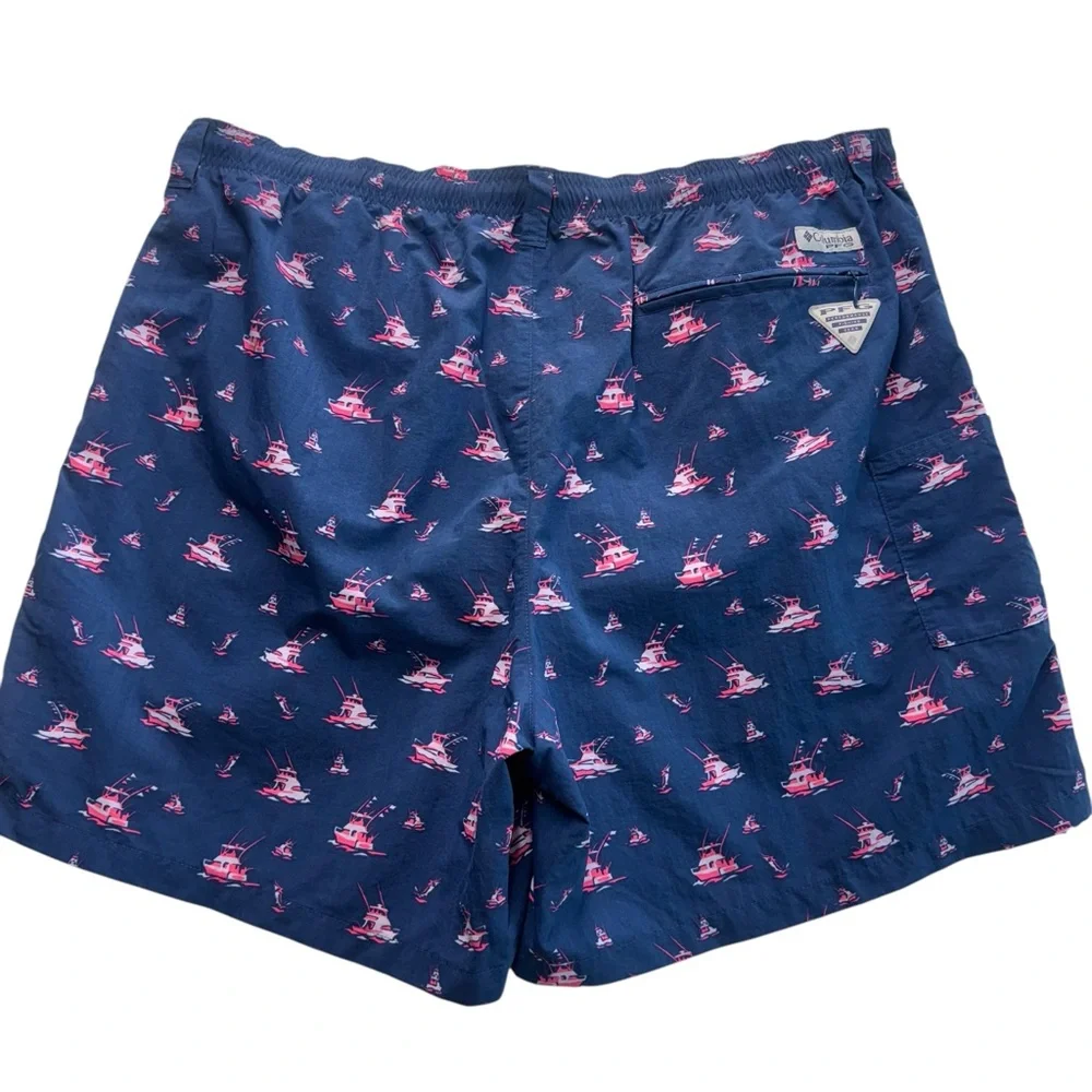 Columbia PFG Blue w/ Pink Sail Boats Swim Trunks Fishing Mesh Shorts Mens XL 132